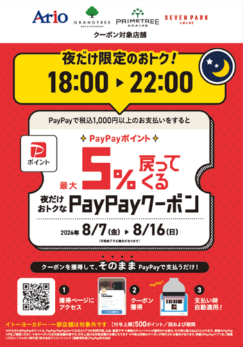 アリオ、グランツリー武蔵小杉、プライムツリー赤池、セブンパーク天美で｢夜だけ限定｣5%戻ってくるお得なクーポン